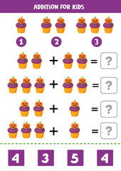 Addition math game with cute cartoon Halloween cupcake.