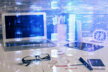 Multi exposure of desktop with computer on background and tech theme drawing. Concept of big data.