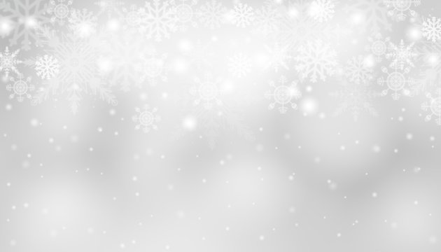 abstract christmas background with snowflakes gray white bokeh stars blurred beautiful shiny light, use for card new year wallpaper backdrop