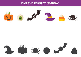 Find right shadow of Halloween elements. Game for kids.