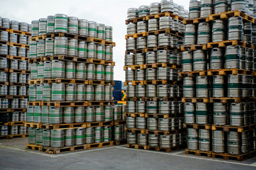 Germany Brewery. Pallets of beer kegs in stock outdoor brewery
