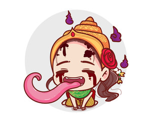 Thai ghost in traditional dress stick out long tongue and happy emotion  isolated on white background with scary halloween concept.