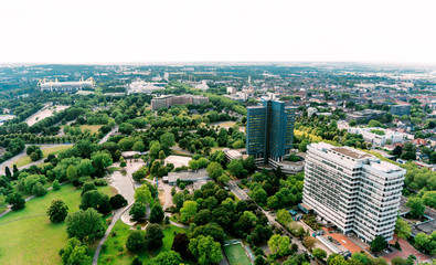Dortmund, Germany - June 2019: Landscape of Dortmund from Florian Tower, Florian is a telecommunications tower. - obrazy, fototapety, plakaty