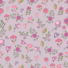 seamless pattern, floral ornament, pink background, heart