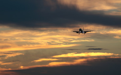 Fototapeta na wymiar plane flying against dawn sky