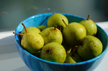 Fresh little pear in the blue plate.