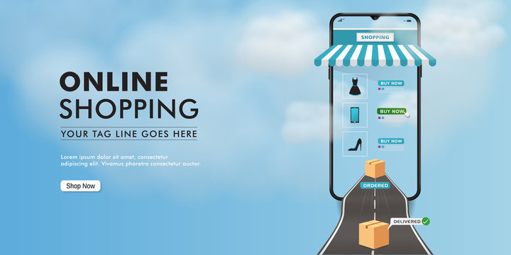 Online Shopping on Websites or Mobile Applications Vector Design Advertise and Digital Marketing with Smartphone illustration for online store promotion.