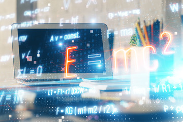 Desktop computer background and formula hologram writing. Double exposure. Education concept.