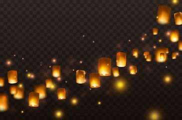 Fototapeta na wymiar Lanterns isolated on transparent background. Diwali festival floating lamps. Vector indian paper flying lights with flame at night sky