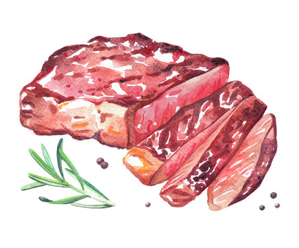 Grilled beef steak. Watercolor hand drawn illustration, isolated on white background