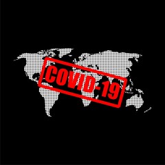 Obraz premium Covid 19 Coronavirus icon sign banner on world map on dark background