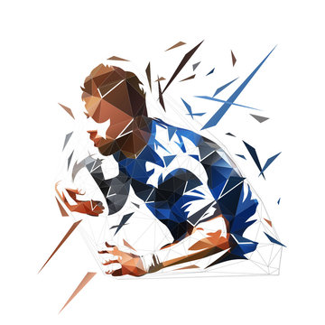 Rugby player running and holding ball, low polygonal vector illustration. Geometric isolated rugby logo from triangles