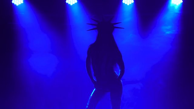 Burning brunette is dancing in sexy suit American Statue of Liberty . Night club in the dark and dynamic neon lights. Smoky background. Silhouette. Close up.