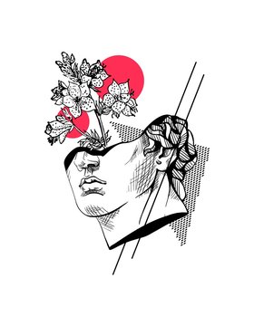 recommend clip art: Creative trendy abstract poster with sculpture of Apollo, flower and geometric shapes. Hand drawn ink lines marble bust of male head. Concept art of sliced, vaporwave design. Vector stock illustration
