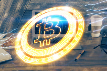 Double exposure of blockchain theme hologram and table with computer background. Concept of bitcoin...