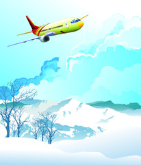 Passenger airplane flying over snow capped mountain range set against a blue cloudy sky