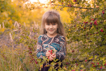 little girl in autumn park. Happy child smiles.