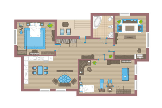 Apartment floor plan. (top view) Furnished flat. (view from above) Interior architecture. Living room, bedroom, kitchen, bathroom, office. 