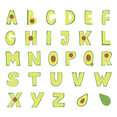 Avocado Alphabet design. Capital letters. Vector illustration.