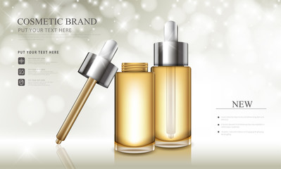 cosmetic product poster, bottle package design with moisturizer cream or liquid, sparkling background with glitter polka.