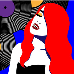 Woman with pop art style sings in retro style. Bright color illustration of a woman