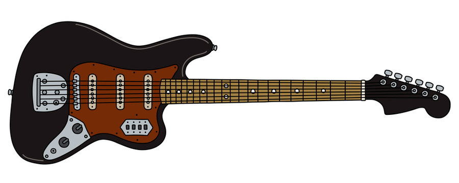 The vectorized hand drawing of a retro black electric guitar