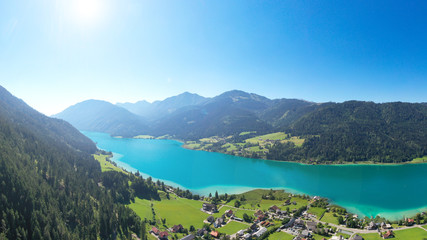 Fototapeta na wymiar Weissensee in Carinthia. Famous lake in the South of Austria.