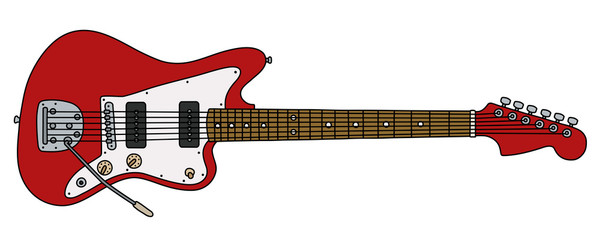 The vectorized hand drawing of a retro red electric guitar