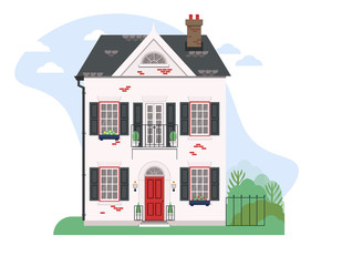 Nice residential building with garden and part of the landscape. Flat vector illustration. Design template elements.