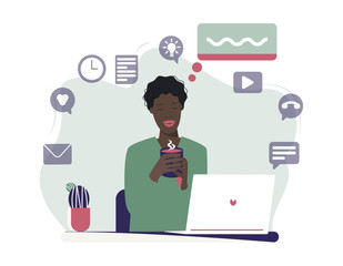 Black female character sitting at a desk, relaxing and drinking coffee or other hot drink. Busy working day. Working from home concept. Flat vector illustration. Design template elements, etc.