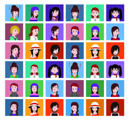 Set of people icons in flat style with faces. Vector women, men with color background