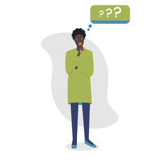 Fototapeta na wymiar Young black female character asking questions. Question sign. Flat style vector illustration. 