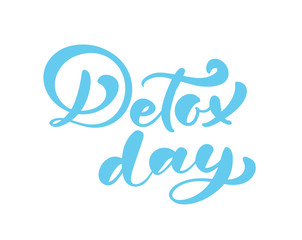 Obraz premium Detox day logo calligraphy lettering text poster in doodle style. Hand drawn green brush stroke for smoothie or detox drink in the bottle. For cafe, social media blog