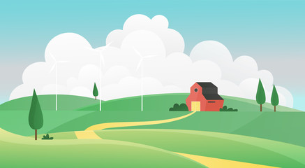 Farm summer landscape vector illustration. Cartoon farmland countryside background scene with road to farmers house through green grass field, on meadow hills, grassland and wind mills, nature scenery