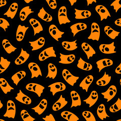Cute cartoon ghosts seamless pattern. Hand drawn orange spirits on black background for Halloween decoration wrapping scrapbooking paper. Stock vector flat illustration.