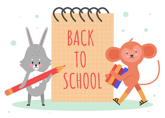 Back to school concept vector illustration. Cartoon cute fluffy animal student schoolkid characters with pencil, stack of books standing next to notebook and back to school text, education background