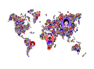 Set of people icons in flat style with faces. Vector women, men with color background