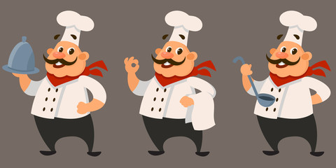 Chef in different poses. Male character in cartoon style.
