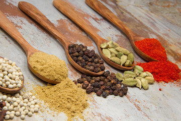 Aromatic spices on wooden spoons. Food ingradients.


