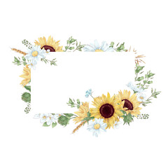 Frame in digital watercolor style of sunflowers and daisies