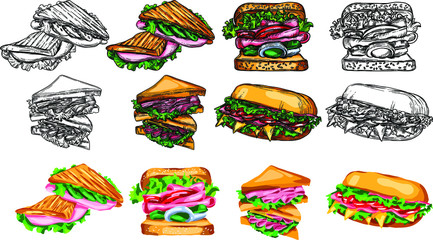 Vector fast food illustrations in the style of the sketch. Burgers, pizza, sandwiches, fries, burgers. High-quality detailed drawing of elements.