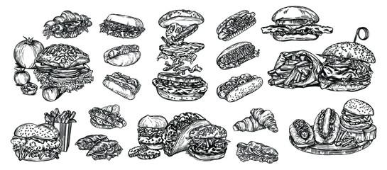 Vector fast food illustrations in the style of the sketch. Burgers, pizza, sandwiches, fries, burgers. High-quality detailed drawing of elements.