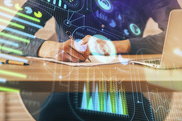 Writing human hands with tech theme multi exposure icons.