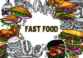 Vector fast food illustrations in the style of the sketch. Burgers, pizza, sandwiches, fries, burgers. High-quality detailed drawing of elements.
