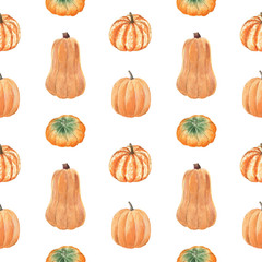 Seamless pattern with pumpkins on a white isolated background. Elements are painted in watercolors. Perfect for harvest time, Halloween and Thanksgiving. 
