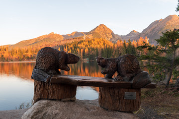Sculptures of wooden beavers on seat on Strbske pleso in aurumn Vysoke Tatry mountains in Slovakia