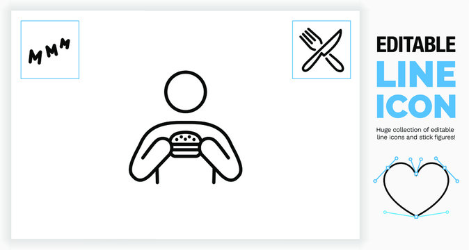 Editable Line Icon Of A Person Eating Food! 