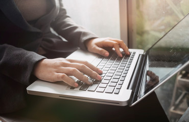 Searching Browsing Internet Data Information with blank search bar.businessman working with smart...