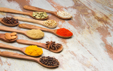 Aromatic spices on wooden spoons. Food ingradients.


