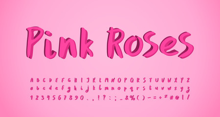 Art style alphabet pink roses colors. Hand drawn paint brush font, three dimensional design. Uppercase and lowercase letters, numbers. Vector illustration